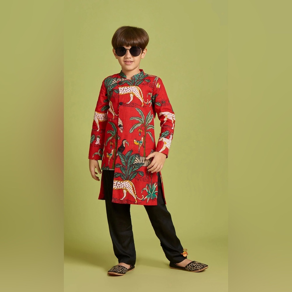 Little muffet crimson red jungle themed Kurta set